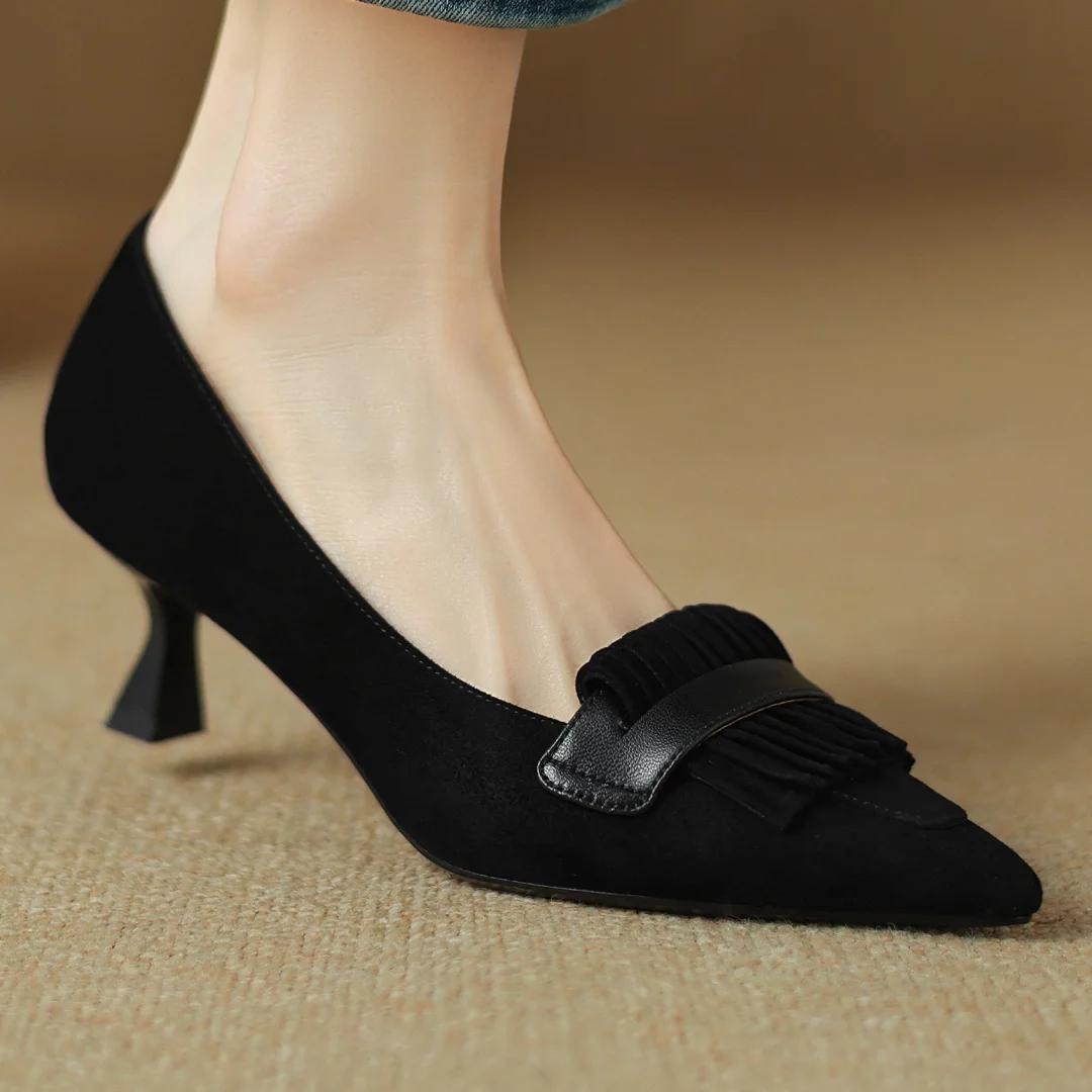 Escarpins en cuir suédé naturel pour femmes, talons hauts fins, bout pointu, franges élégantes, chau