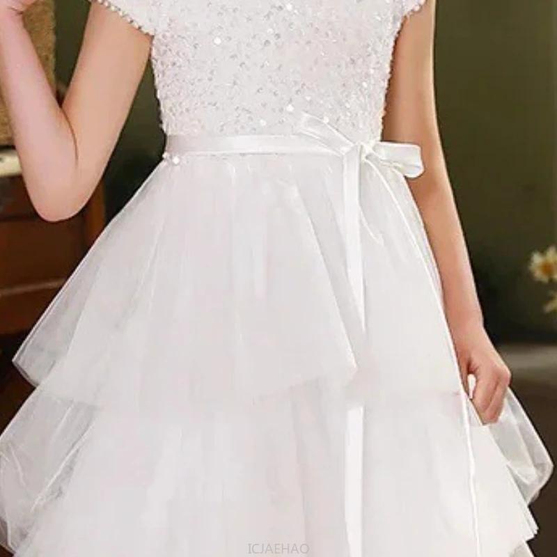 Robe de mariée blanche pour filles, tenue de princesse de spectacle pour enfants, Costume pour fête