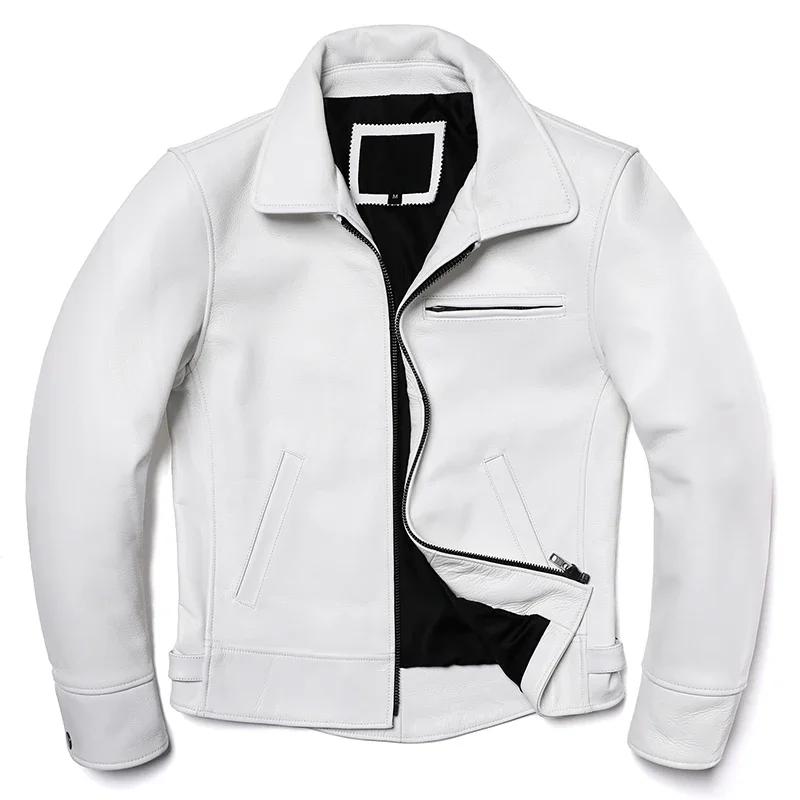 Veste en cuir de vache naturel blanc pour hommes, manteau en cuir véritable, coupe cintrée, vêtement