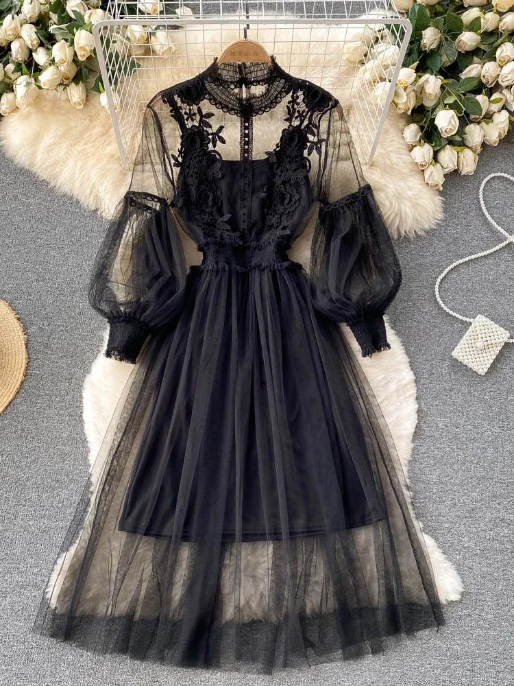 Robe tridimensionnelle pour femmes, crochet à fleurs, maille, tempérament, col montant, manches lant