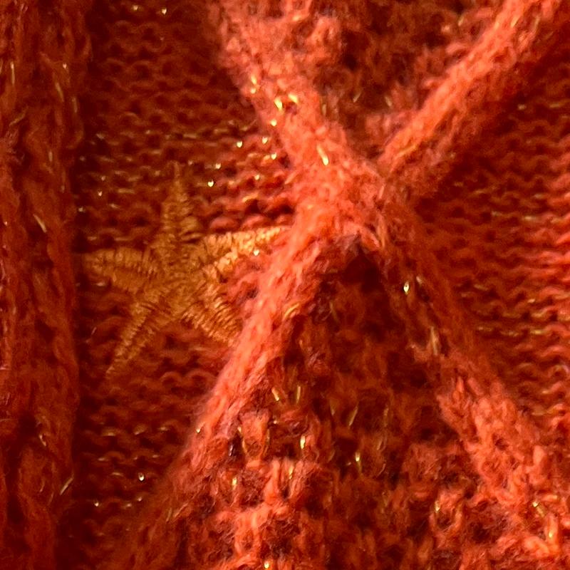 Cardigan TS scintillant pour femmes, pull en tricot épais Orange avec broderie d'étoiles, fil doré,
