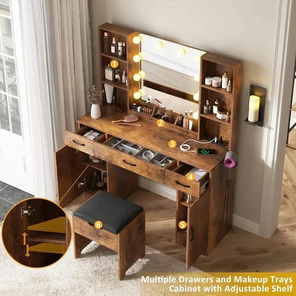 Grande table de maquillage avec miroir éclairé et multiprise – 3 modes d'éclairage réglables, beauco