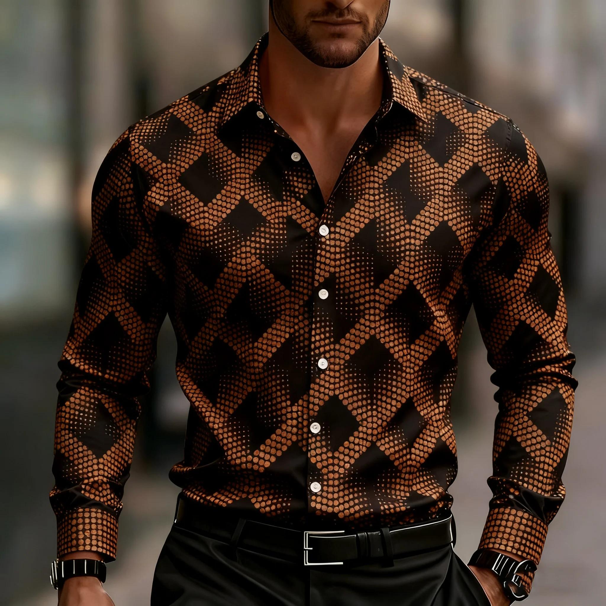 Chemise homme à manches longues imprimé géométrique, chemise boutonnée élégante, avec motifs carrés