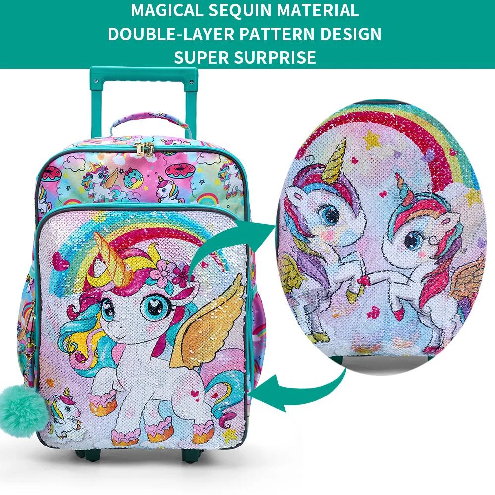 Valise de voyage à roulettes pour enfants, valise à main verte, design de dessin animé mignon et de