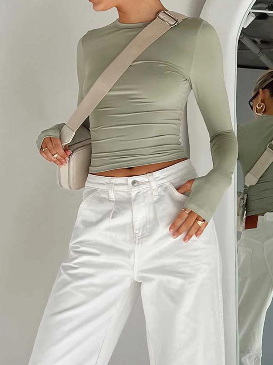 Mode femmes T-shirt à manches longues col rond solide coupe ajustée dames haut court avec trous pour