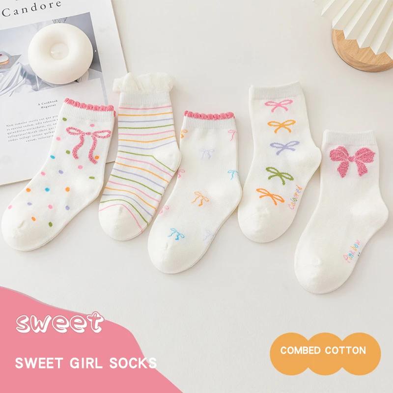 5 paires de chaussettes mi-mollet avec nœud papillon pour enfants filles, en coton peigné sélectionn