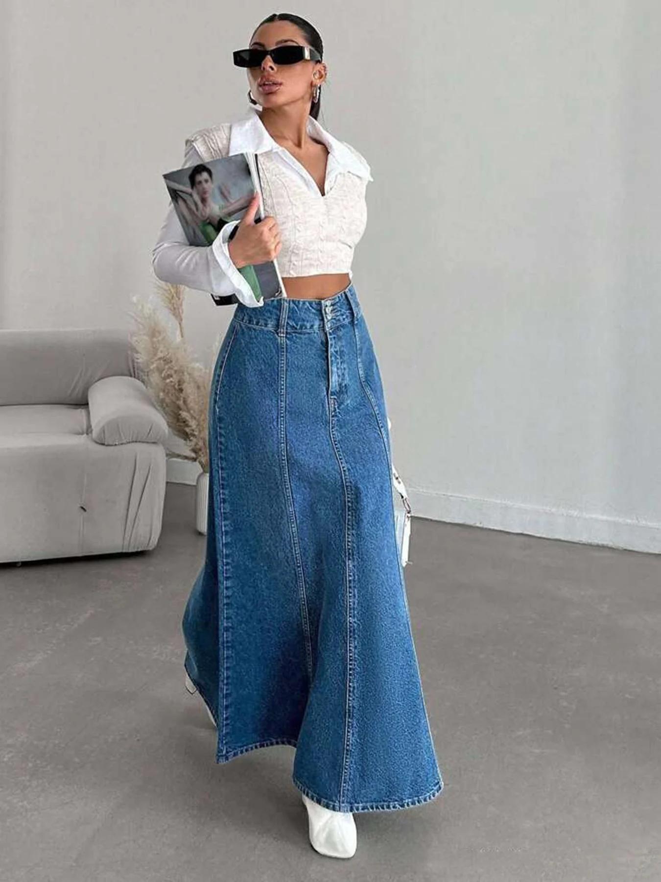 Jupe midi longue en jean pour femme pour les saisons de printemps et d'automne. Convient pour divers