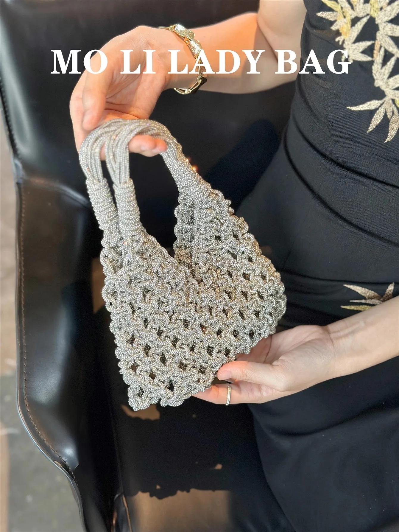 Sac seau de luxe tissé à la main avec corde à paillettes pour femmes, sac à main en diamant, pochett
