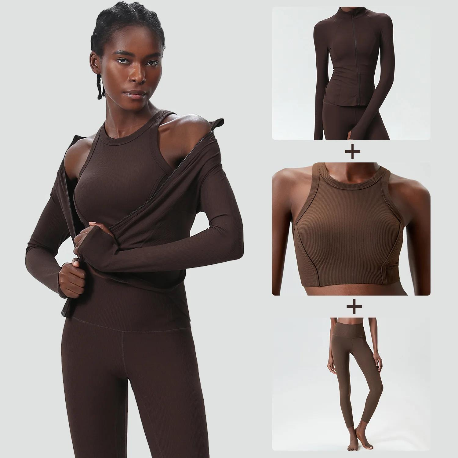 Ensemble de Yoga 3 pièces pour femmes, couleur unie, côtelé, combinaison de gymnastique, manches lon