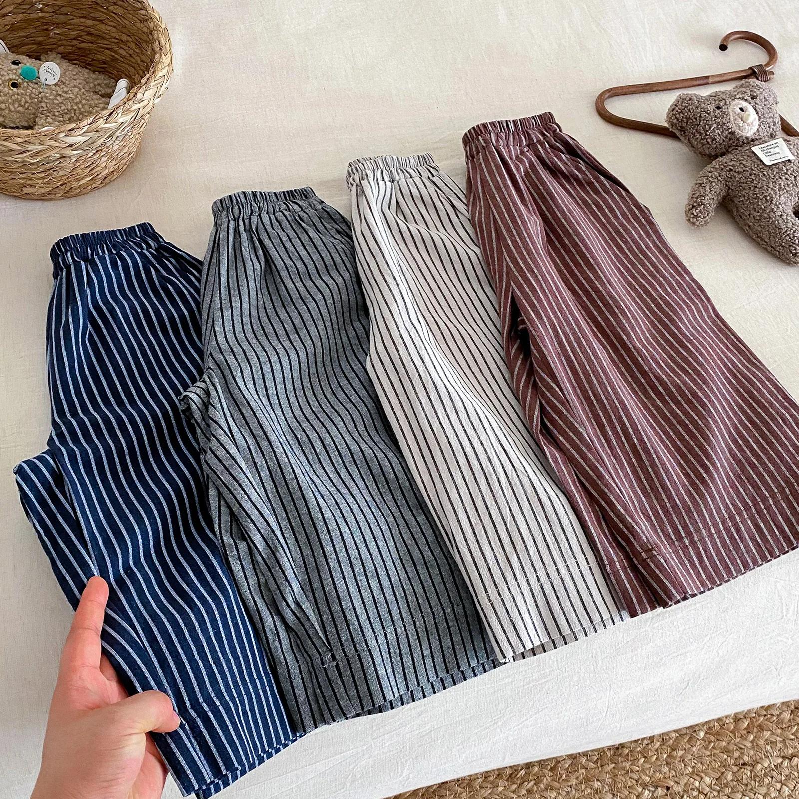 Pantalons en lin et coton à rayures pour garçons et filles, vêtements pour enfants, automne et print