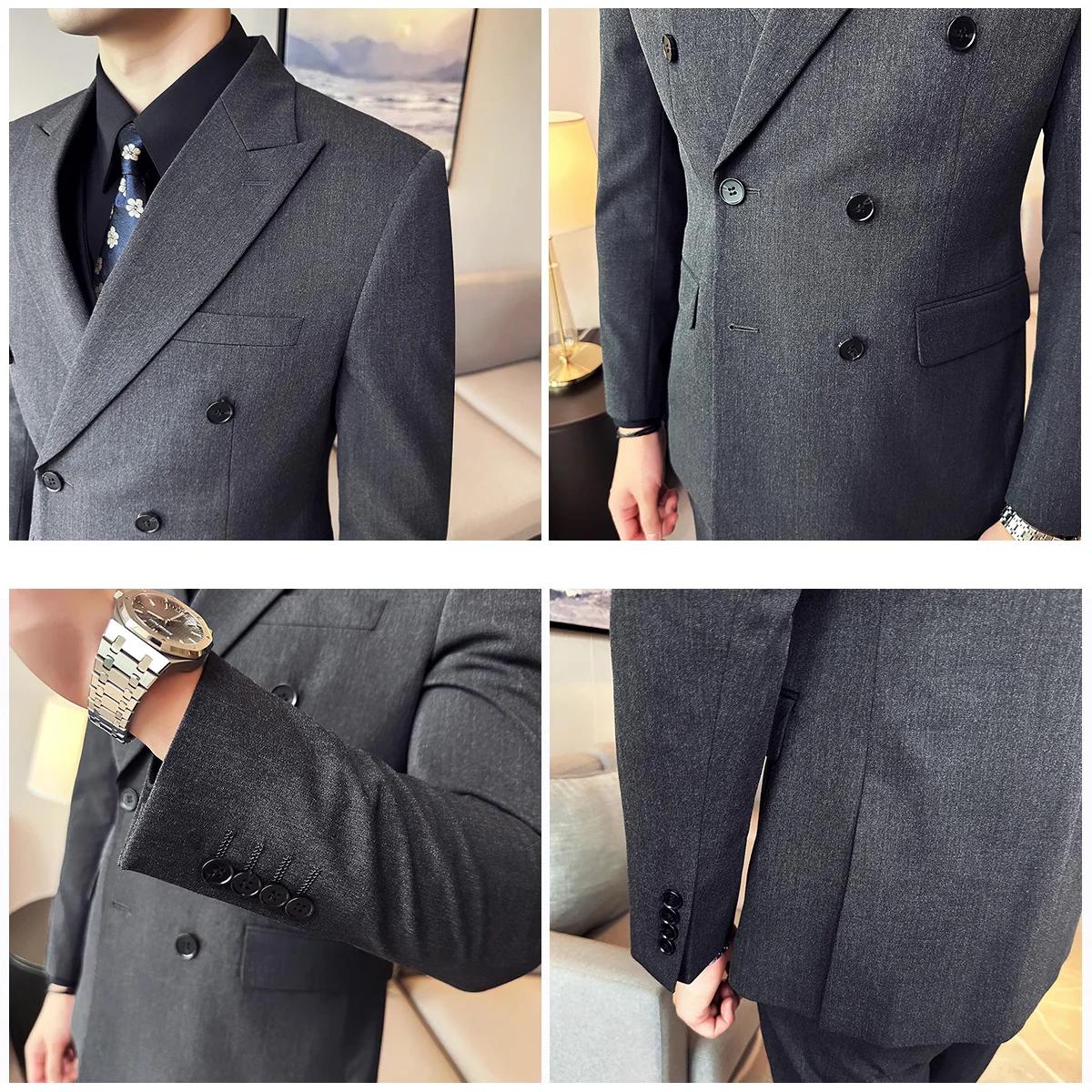 M-6XL Blazer GlaPants Marque haut de gamme Gris Noir Hommes d'affaires décontractés Double boutonnag