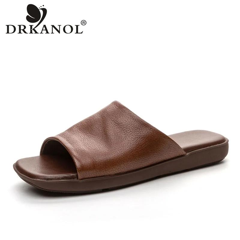 DRKANadvocate-Pantoufles en cuir véritable pour femmes, pantoufles d'été ouvertes, à enfiler, pour l