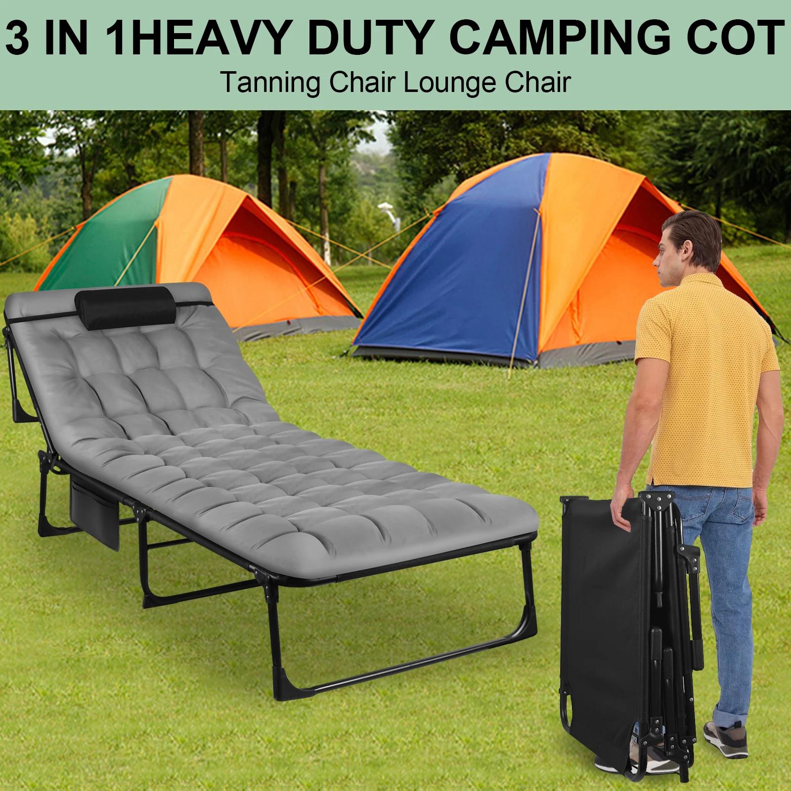 Lit de camping pliant portable – Chaise longue inclinable réglable à 3 positions avec oreiller, lit