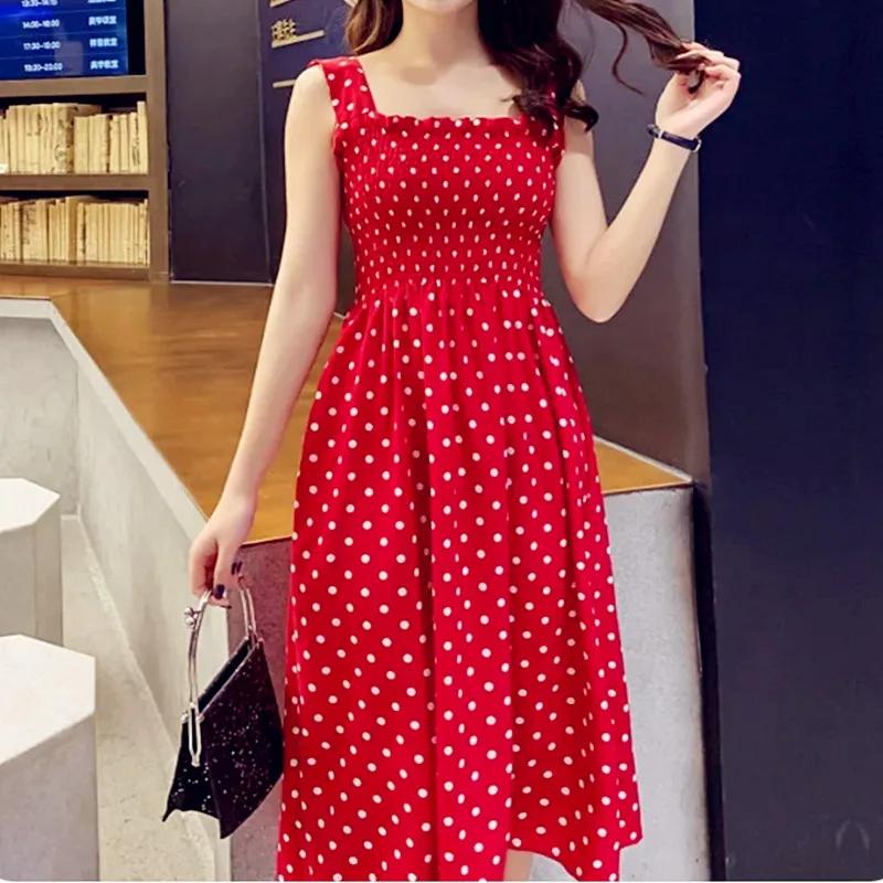 Robe longue d'été décontractée à pois vintage avec volants, élégante, en soie, à bretelles, taille 5
