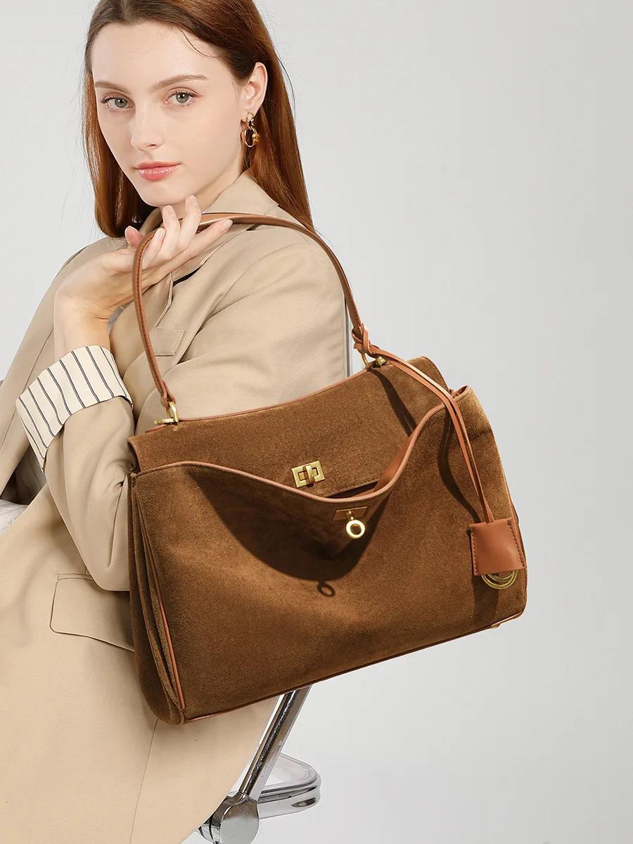 Sac à main en daim et cuir véritable pour femmes, sac à bandoulière de grande capacité, fourre-tout
