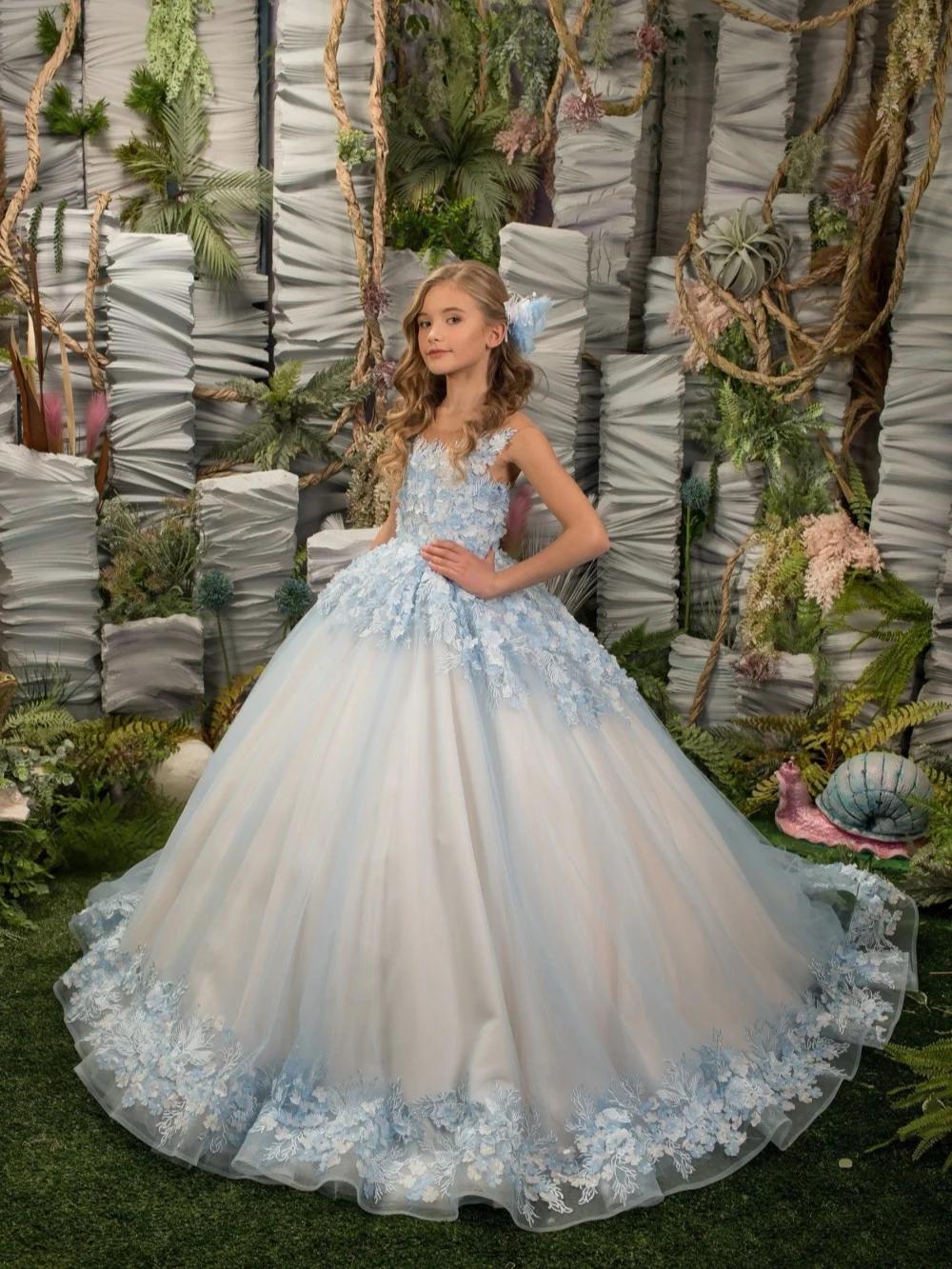 Robe de princesse florale 3D bleu clair scintillant pour filles, robe classique élégante sans manche