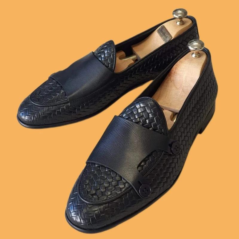 Mocassins d'affaires en cuir PU pour hommes, chaussures provoqué en tricot, marron, noir, fait à la