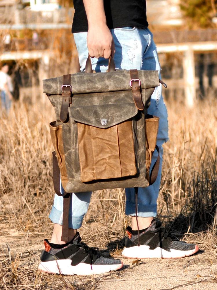 Sacs à dos en toile Vintage de luxe pour hommes, toile de cire d'huile, sac à dos de voyage en cuir,