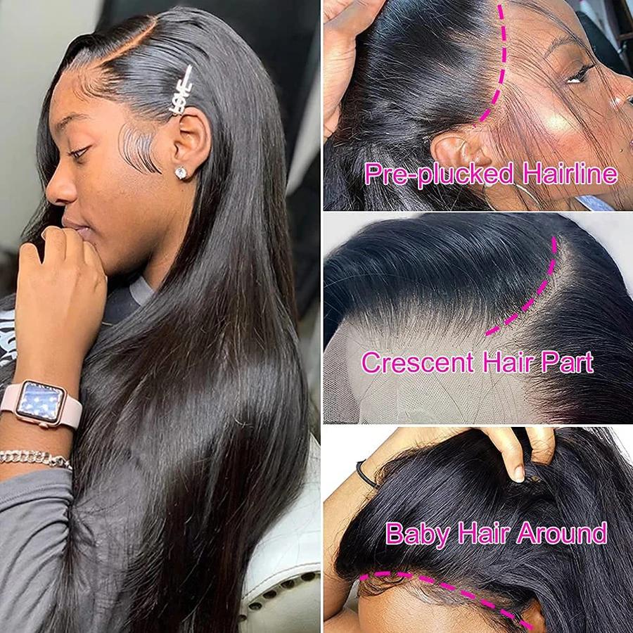 Perruque Full Lace Wig sans colle brésilienne naturelle, cheveux lisses, 13x6, 13x4, 360 de densité,