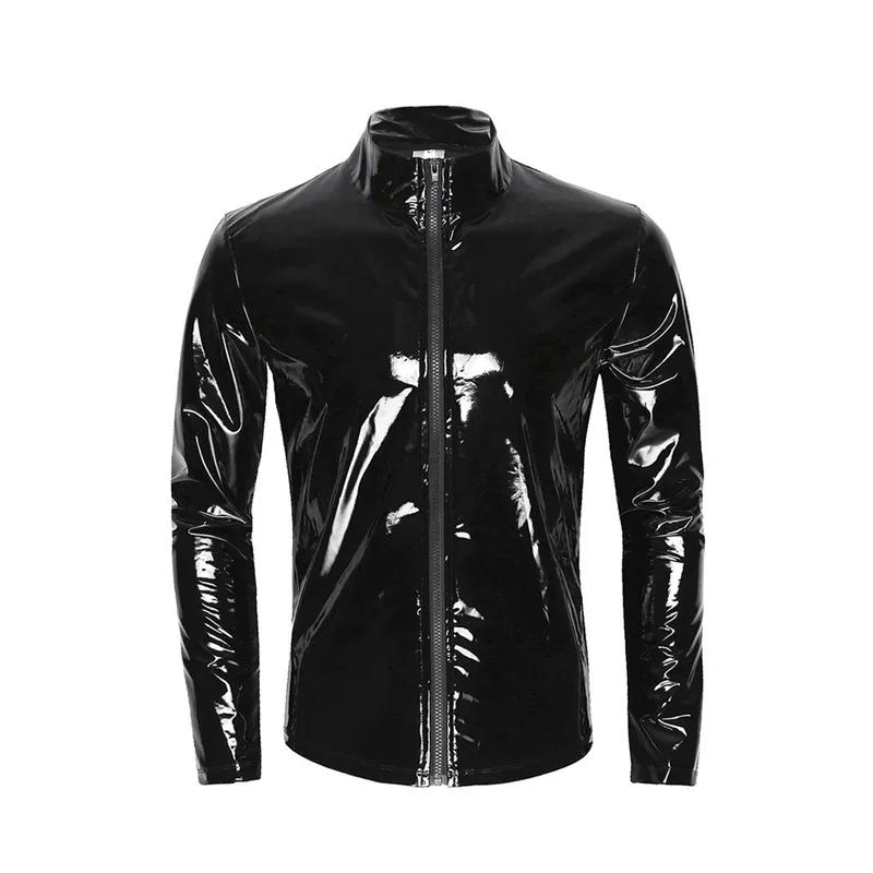 Nouveaux hommes Cardigan à fermeture éclair col montant chemise PVC brillant en cuir verni Sexy serr