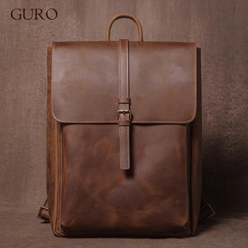 GURO – sac à dos rétro en cuir véritable pour hommes et femmes, sac de voyage à rabat Simple, en cui