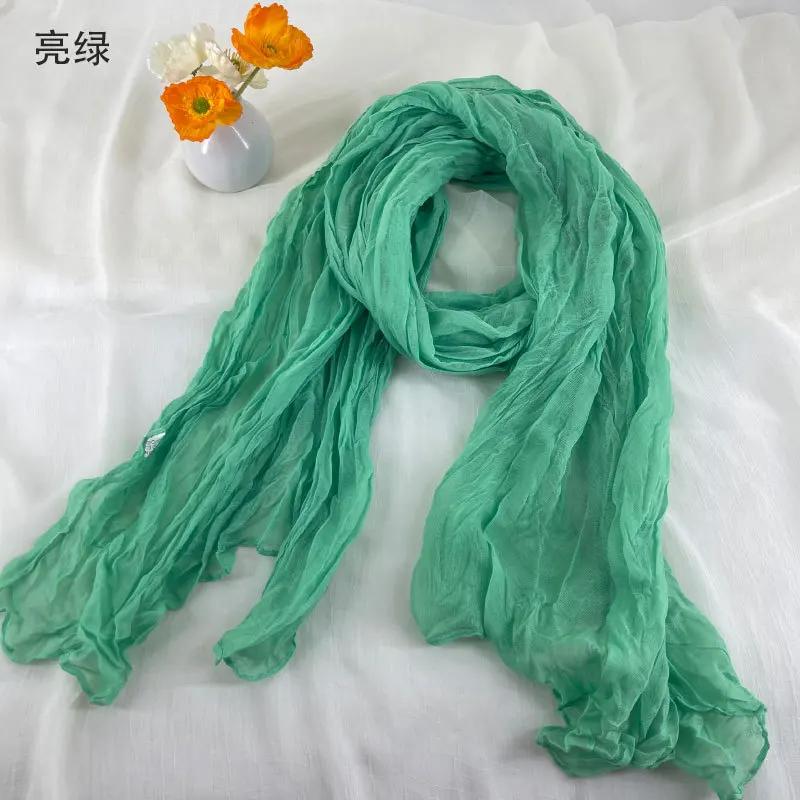Foulards en coton et lin doux et respirant pour femmes, écharpe plissée de couleur unie, Style bohèm