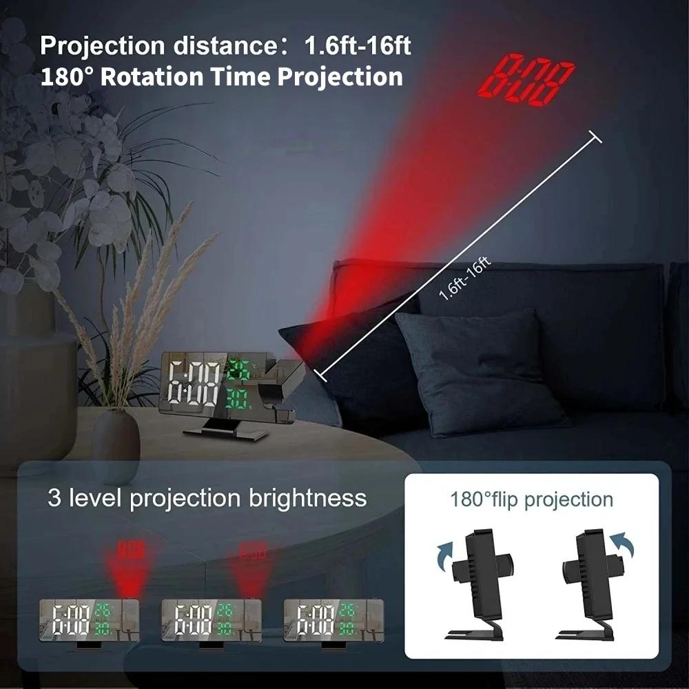 180 ° Réveil numérique à projection rotative, température, humidité, mode nuit, fonction snooze, 1