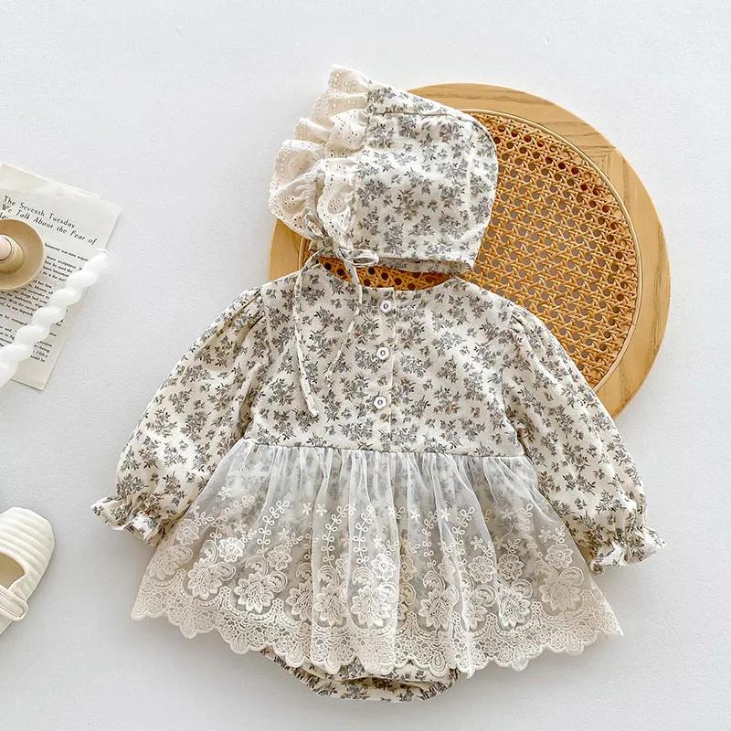 Body chapeau nouveau-né fille coton imprimé dentelle combinaison bébé printemps automne