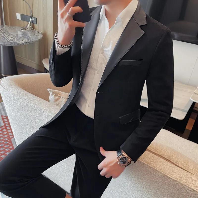 Veste en cuir à simple boutonnage pour hommes, de haute qualité, à la mode, col épissé, couleur unie