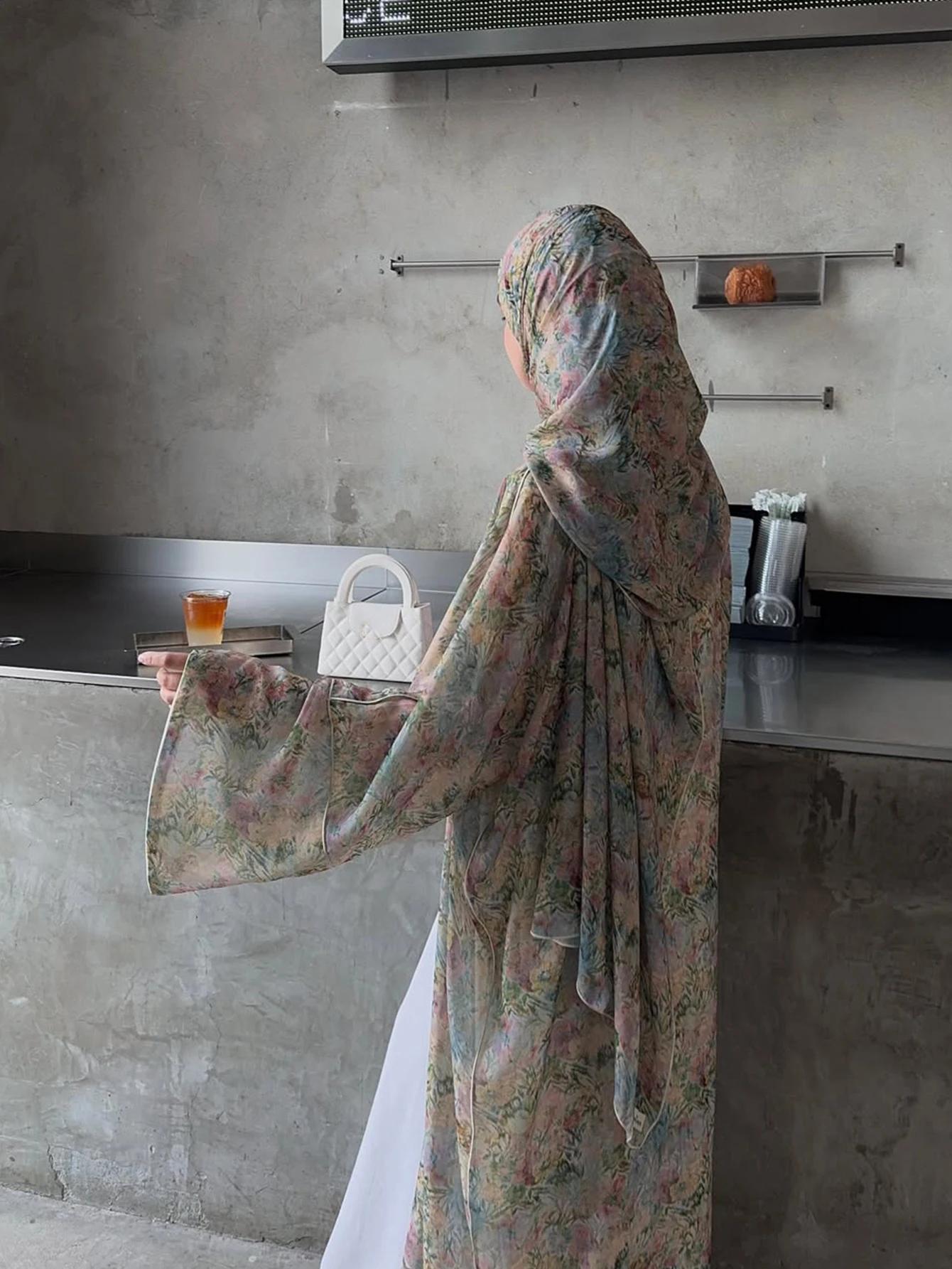 Cardigan traditionnel arabe élégant du moyen-orient, Robe Abaya à manches longues et imprimé Floral