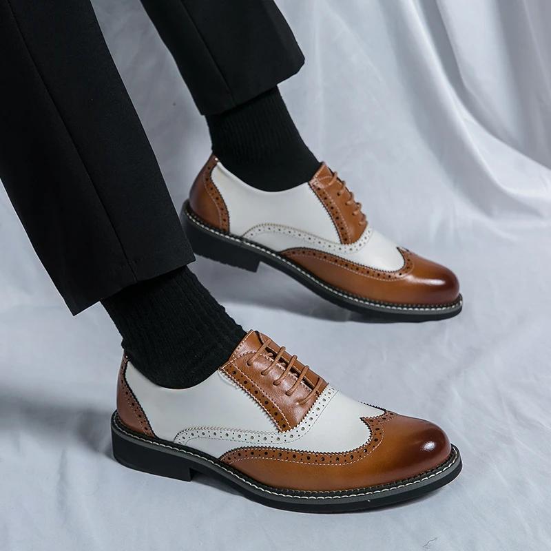 Chaussures en cuir britanniques pour hommes, couleur assortie, blanc, marron, affaires décontractées