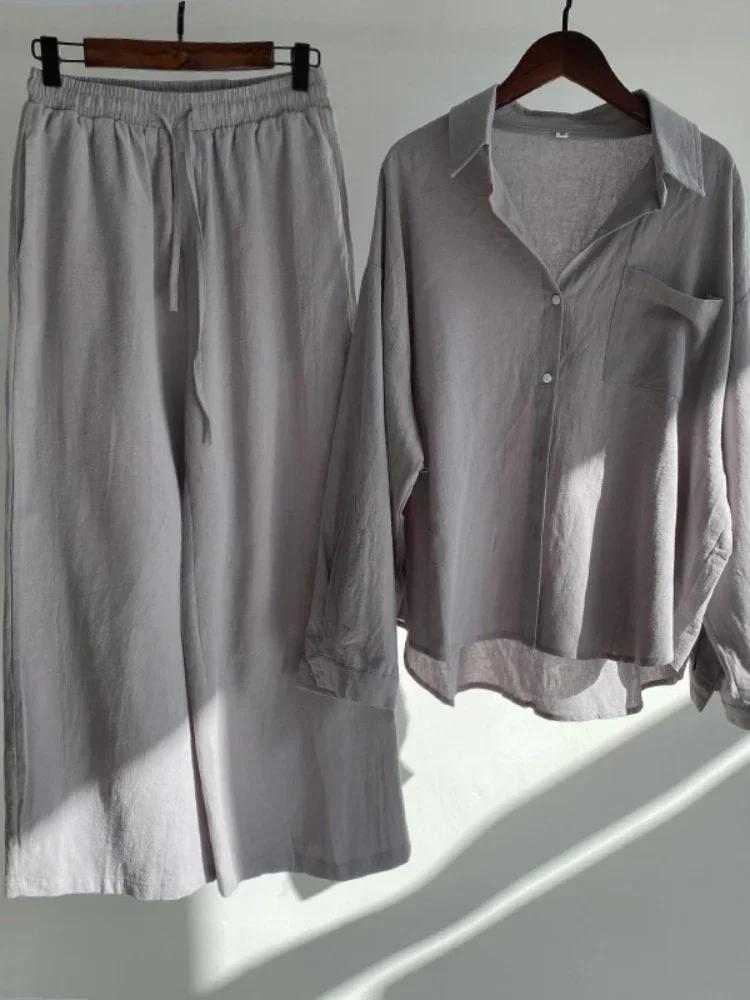 Costume chemise en coton et lin pour femmes, nouvelle tendance, taille haute, pantalon ample, ensemb