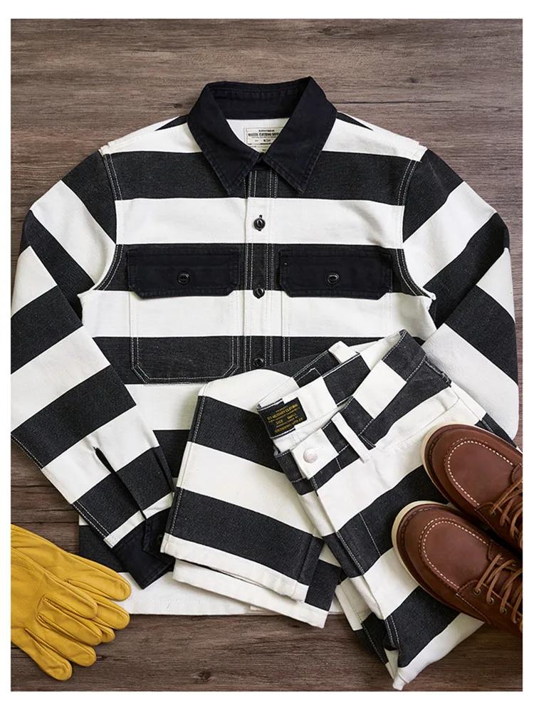 Automne nouveau américain rétro 16oz lourd prisonnier rayé veste hommes mode pur coton lavé épais to