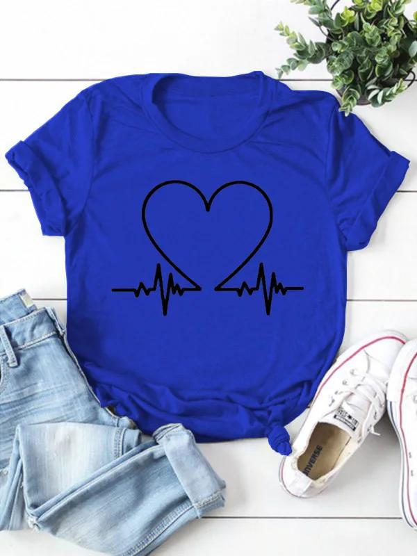T-shirt à manches courtes et col rond pour femme, électrocardiogramme, imprimé cœur, t-shirt pour fe