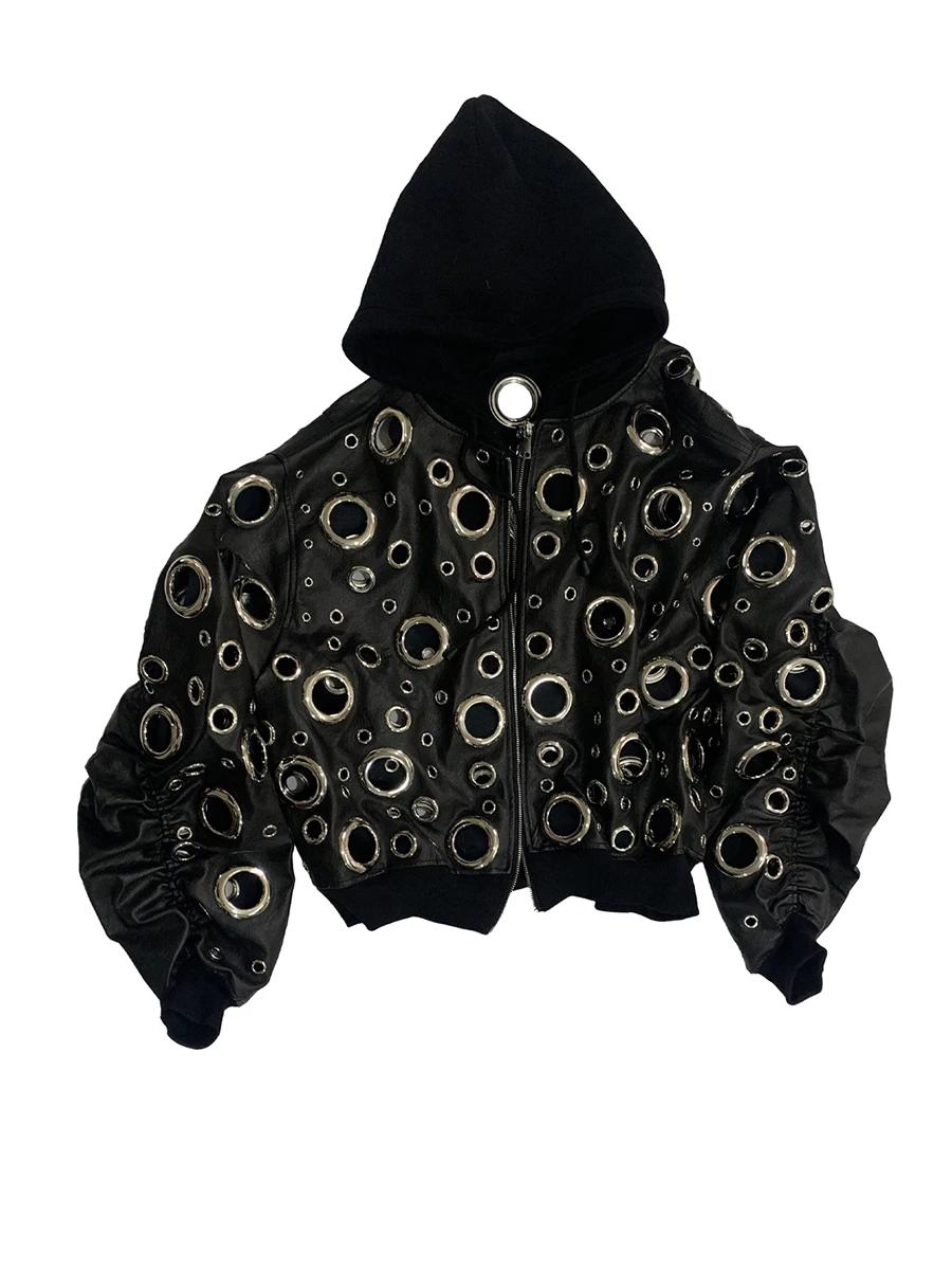 Automne surdimensionné évider veste en cuir Pu hommes trou Cool luxe concepteur faux 2 pièces mode e