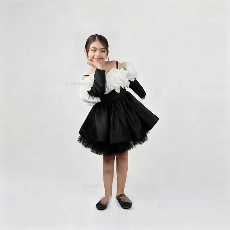 Robe bouffante à manches longues pour filles, robe de princesse noire à bretelles Spaghetti, Costume
