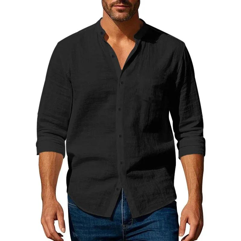 Chemise en coton et lin pour hommes, col Henley, couleur unie, légère, respirante, coupe cintrée, si