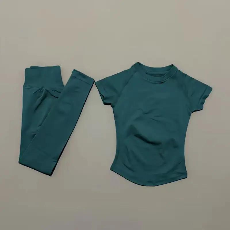 Ensemble de 2 pièces HISTELLO pour femmes : tenue de sport, gym, yoga sans couture à manches courtes
