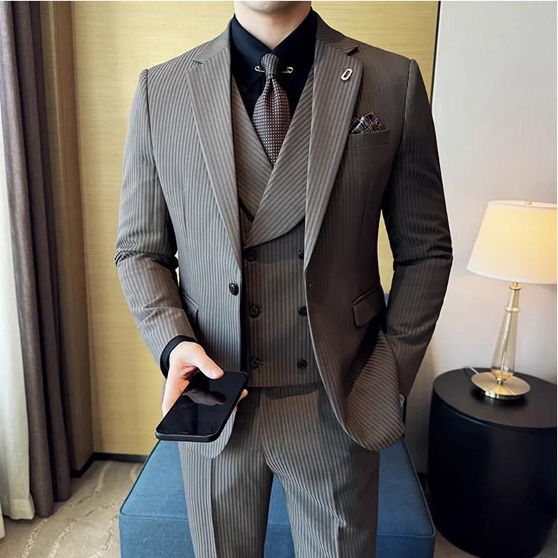 (Vestes + pantalons + gilet) costume de luxe à rayures pour hommes Version coréenne mode élégant cou