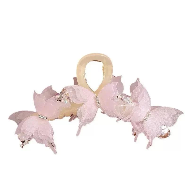 Pince à griffes papillon transparente bleu clair/rose | Pince à cheveux Fairycore en perles et str