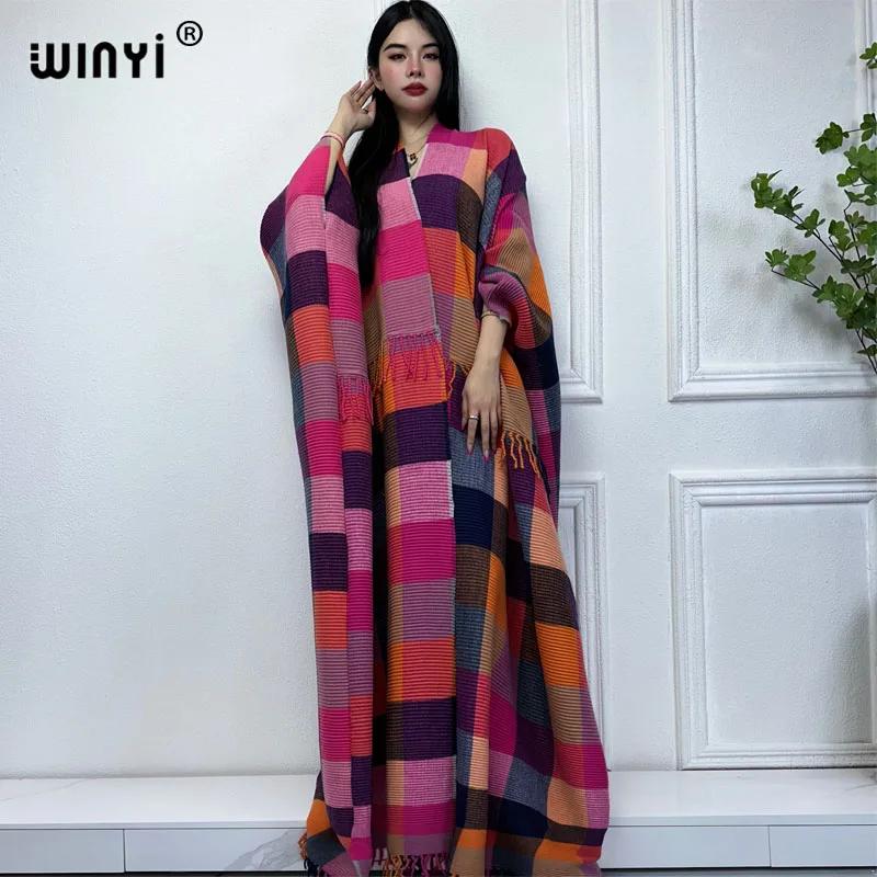 WINYI-Manteau d'hiver rétro à carreaux pour femme, caftan du Moyen-Orient, robe plissée, cardigan af