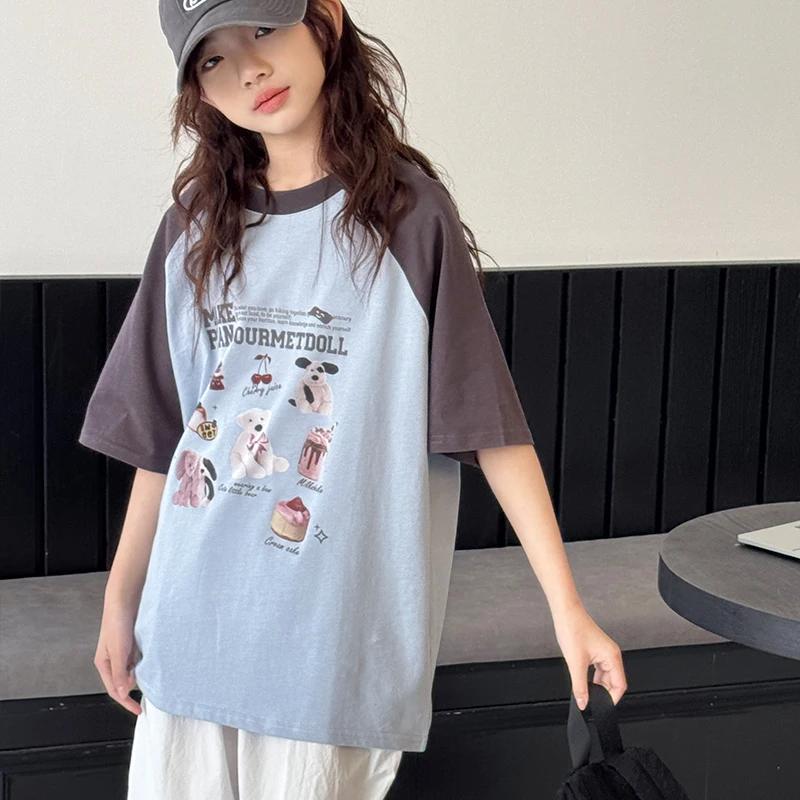 T-shirt à manches courtes pour filles, pour les grands enfants, manches raglan, pur coton, coupe amp