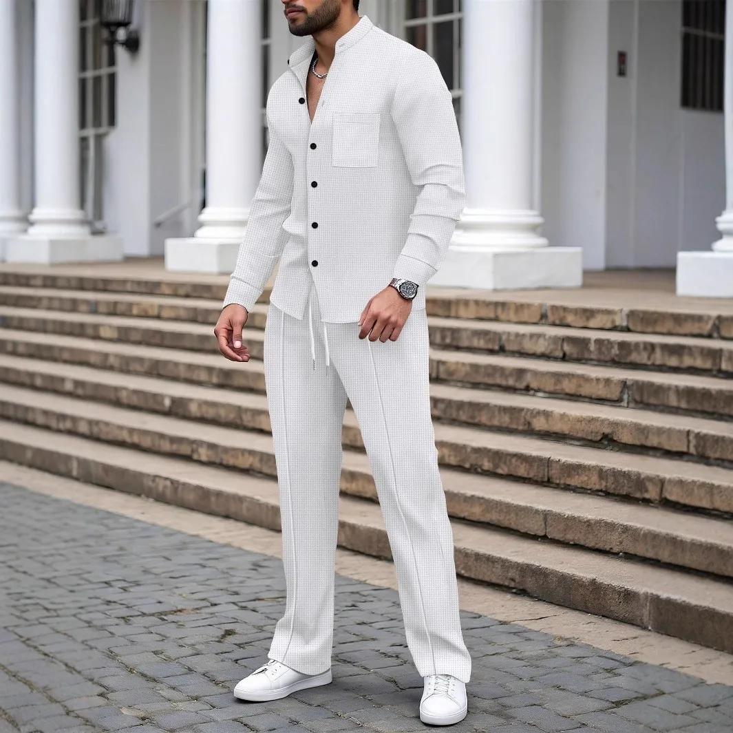 Nouveau costume d'automne pour hommes, chemise gaufrée à manches longues de couleur unie avec cardig