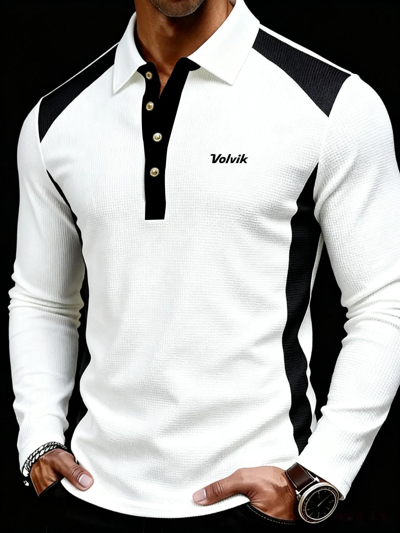 Polo à manches longues en tricot gaufré pour homme Volvik, coupe ajustée, color block, polo de golf