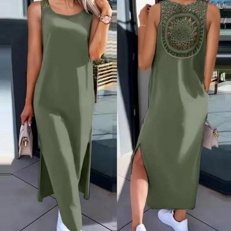 Robe d'été sans manches, ajourée, Sexy, ample, mode, fente unie, robes décontractées, col rond, mi-l