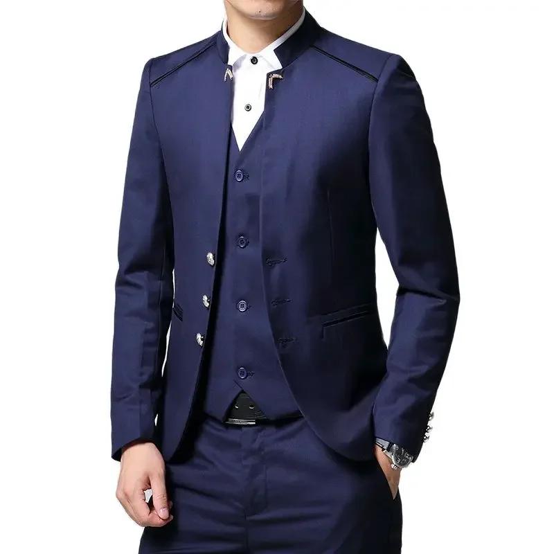 3 pièces noires à col montant pour hommes, veste blazer et gilet pour fête de mariage avec pantalon,