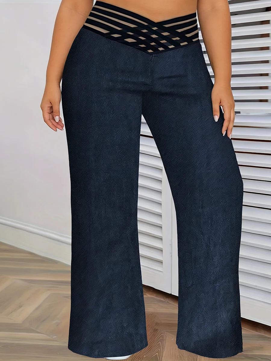 Jean pour femme grande taille, taille haute, en denim, à jambes larges, avec empiècements en maille