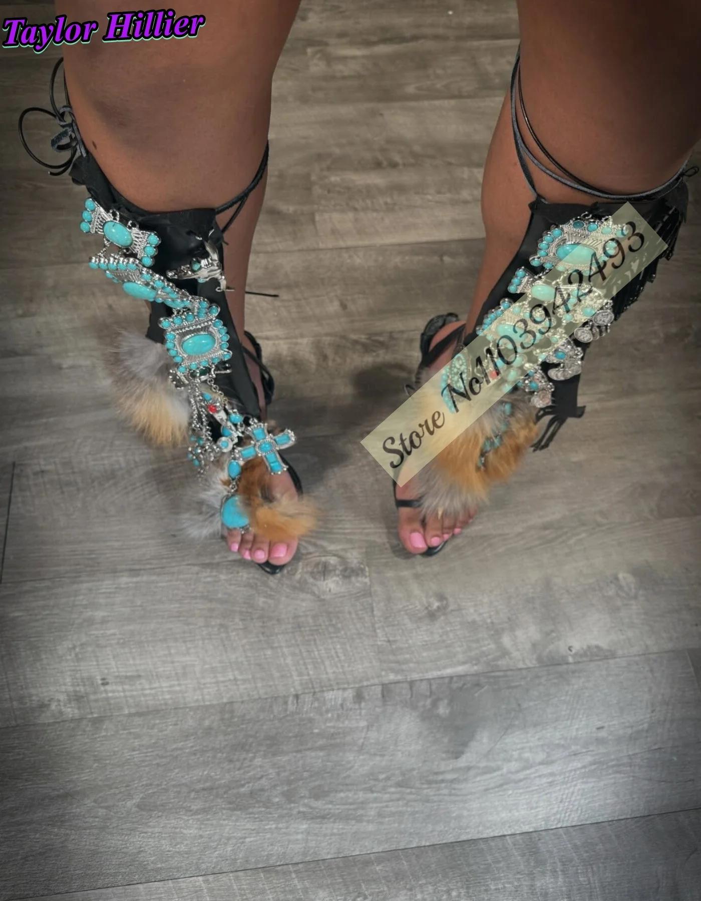 Gladiateur talons Turquoise fourrure Wrap sandales femmes chaussures couleur mixte romain mince talo