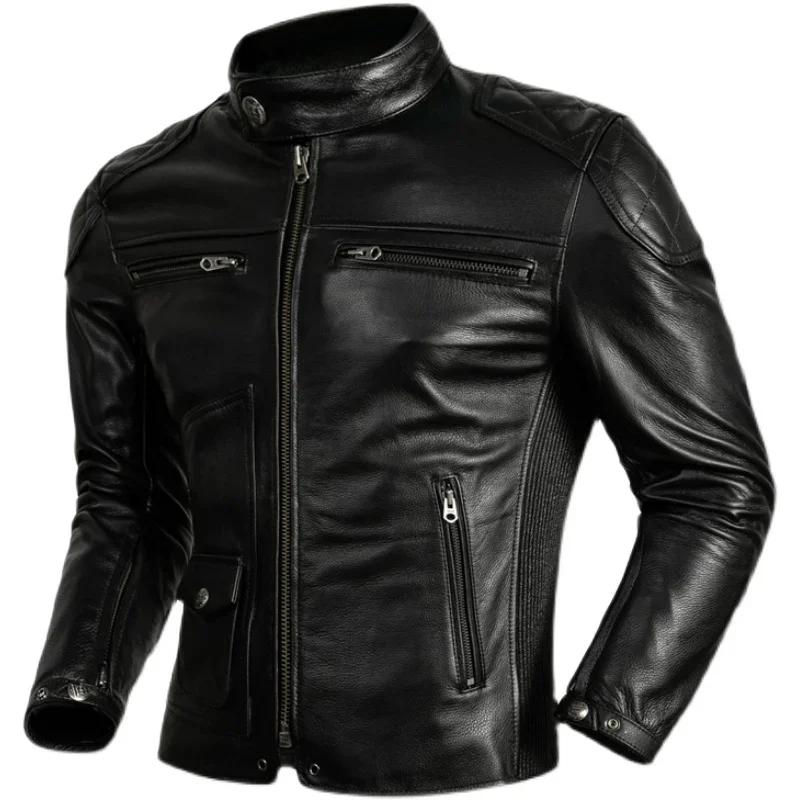 Veste en cuir de vachette couche supérieure pour hommes, col montant noir, manteau court en cuir vér