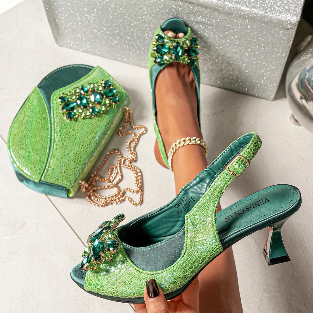 Ensemble de chaussures et de sacs africains à strass, nouveau design vert, talons confortables à bou